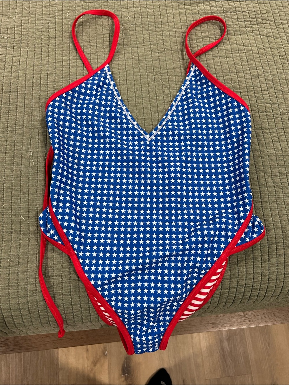 Girls' Blue Star Print One-Piece Swimsuit with Red Trim